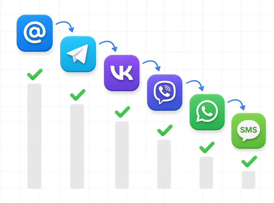 Каскадная рассылка: email, Telegram, ВКонтакте, Viber, WhatsApp* и SMS